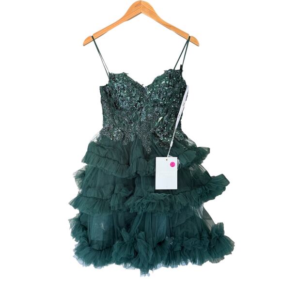 Mac Duggal 20645 Embellished Tulle Mini‎ Dress Hunter Green Size 2 NWT - Picture 4 of 10